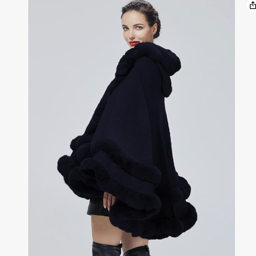NWOT Women Hooded Poncho Wrap with Faux Fur Trim, One Size, Sapphire Blue